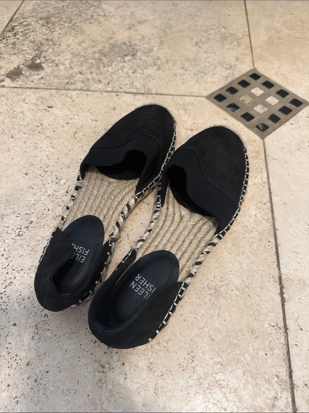 Eileen Fisher Black Espadrille Flats with Natural Jute Trim